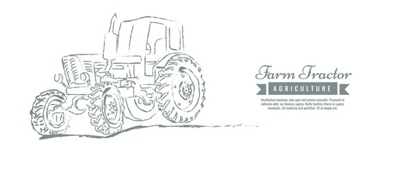 Farm tractor with sketch style line art design. Hand drawn vector illustration.