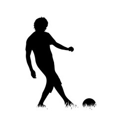 Vector silhouette of man who plays football on the grass on white background.