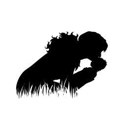 Vector silhouette of mother with her daughter in the grass on white background.