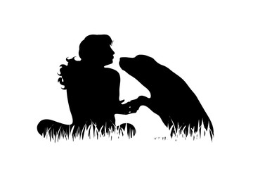 Vector silhouette of girl with dog in the grass on white background.