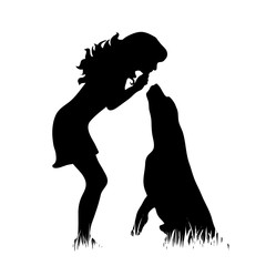 Vector silhouette of girl with dog in the grass on white background.