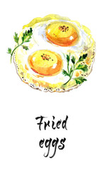 Two fresh fried eggs with parsley leaf, watercolor hand drawn illustration