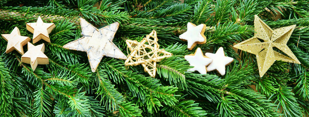 Christmas, Weihnachten, Advent, Hintergrund, Banner, Panorama, Bordüre, Header, Headline, Tannenzweige, Sterne, Textraum, copy space