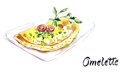 Italian egg omelette with tomatoes, herbs on a white plate, watercolor hand drawn illustration - obrazy, fototapety, plakaty
