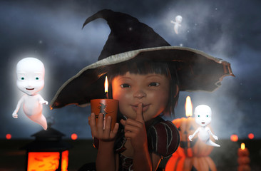 Little's witch,Little girl in a witch costume for halloween making silence gesture and surrounded by little ghost cartoon flying beside her,3d illustration