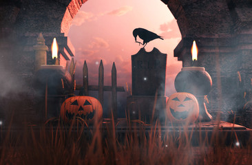 Scene of halloween decoration at night with Halloween pumpkin,candles,raven on graveyard,3d illustration