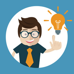 Businessman with an idea concept. Man standing next to light bulb as symbol of great business idea. Flat vector illustration
