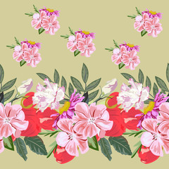 Seamless background with beautiful pink and red flowers. Design for cloth, wallpaper, gift wrapping. Print for silk, calico and home textiles.Vintage natural pattern