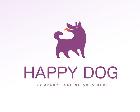Vector flat simple logo with happy dog silhouette icon stand isolated on white background. Good for dog lovers, pet shop emblem, animal clinic, puppy center, shelter, veterinary etc.