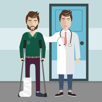 Patient care concept. Doctor and healed patient standing in front of hospital. Flat vector illustration