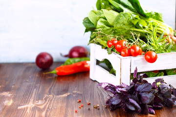 Cherry, tarragon, chili pepper, basil, spices Ingredients for cooking pasta. Food background on a...