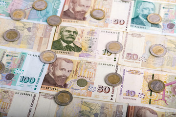 High angle view of various Bulgarian bills laying on flat table