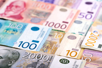 High angle view of different mixed Serbian money