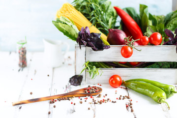 Cherry, tarragon, spaghetti, chili pepper, basil, spices Ingredients for cooking pasta. Food...