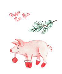 Prints with New Year piglets in watercolor style. Christmas. Postcards.