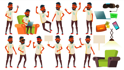 Teen Boy Poses Set Vector. Indian, Hindu. Asian. Friendly, Cheer. For Banner, Flyer, Brochure Design. Isolated Cartoon Illustration