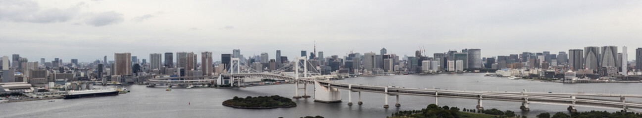 Naklejka na ściany i meble Urban metropolis daylight cityscape with skyscrapers, river and big suspension bridge. Widescreen panoramic image
