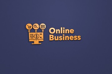 Illustration of Online Business with oange text on blue background