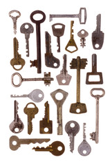 Obraz premium Old vintage keys isolated on white background. Several types of old retro keys. Set of old keys. Composition of different keys.