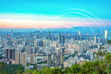 Shenzhen Houhai CBD skyline and cloud computing concept