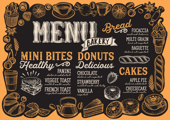 Bakery menu for restaurant with frame of hand-drawn fruits and sweets.
