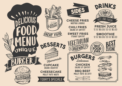 Burger food menu template for restaurant with chefs hat lettering.