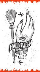 Fototapeta premium Halloween party invitation with hand-drawn illustrations.