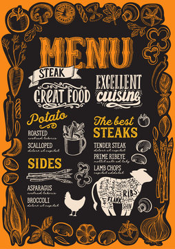 Steak menu for restaurant with frame of graphic vegetables.