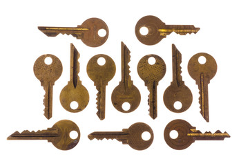 Old vintage keys isolated on white background. Several types of old retro keys. Set of old keys. Composition of different keys.