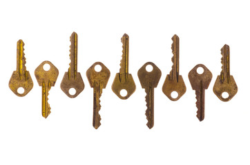 Old vintage keys isolated on white background. Several types of old retro keys. Set of old keys. Composition of different keys.