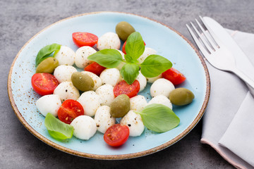 Delicious caprese salad with ripe cherry tomatoes and mini mozzarella cheese balls with fresh basil leaves.