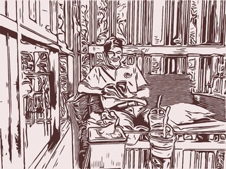 Illustration man use smartphone in coffee shop