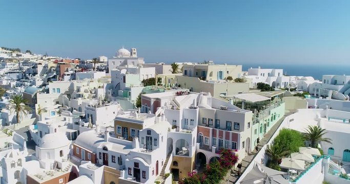 village of fira on Santorini island, aerial view, greece