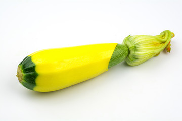 Yellow and green zucchini with inflorescence isolated on a white bacground.