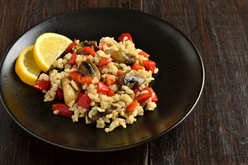 Rice with vegetable and mushroom, vegetarian nutrition, copy space