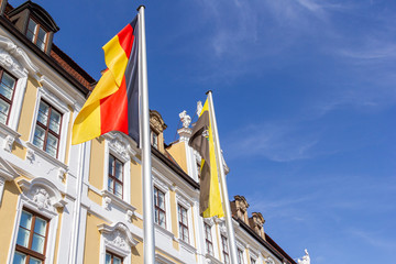 Europe, German and  Saxony-Anhalt flag in front of the state parliament in Magdeburg / Germany