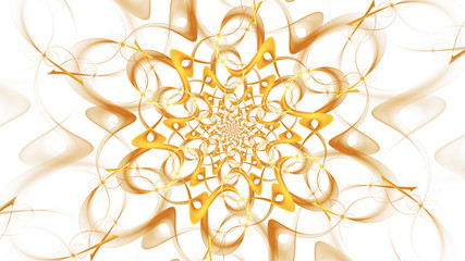 Abstract intricate symmetrical golden floral ornament. Fantastic fractal mandala. Psychedelic digital art. 3d rendering.