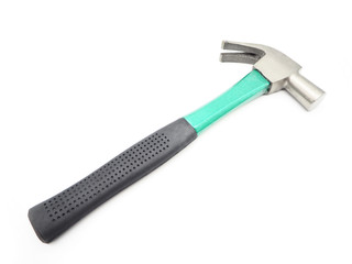 Green iron hammer with rubberized handle isolated on a white background.