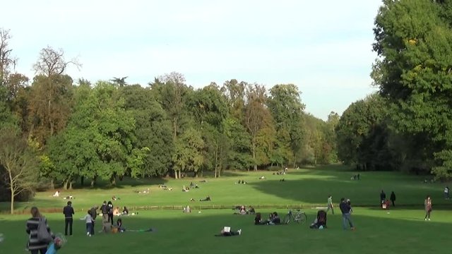 Отдыхающие люди в большом парке