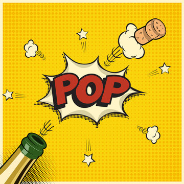 Vector holiday element in comic book or manga style. Champagne bottle with flying cork and Pop word. 