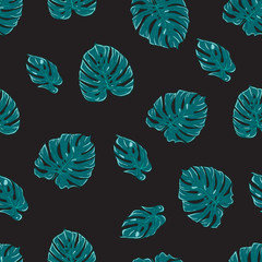 Monstera palm leaves vector seamless pattern. Tropical textile print.