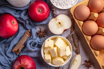 Ingredients for making an apple pie, top view