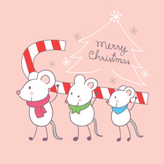 Cartoon cute Christmas mouse and candy vector.