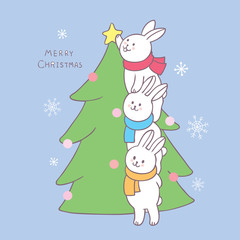 Cartoon cute Christmas rabbits decorating Christmas tree vector.