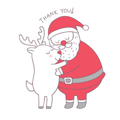 Cartoon cute Christmas Santa Claus hug reindeer vector.