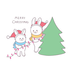 Obraz na płótnie Canvas Cartoon cute Christmas rabbits decorating Christmas tree vector.