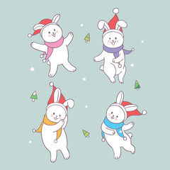 Cartoon cute Christmas rabbits dancing vector.