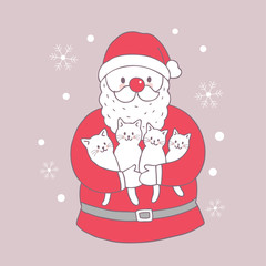 Cartoon cute Christmas Santa Claus and cats vector.