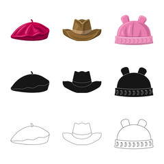 Vector illustration of headgear and cap sign. Collection of headgear and accessory vector icon for stock.