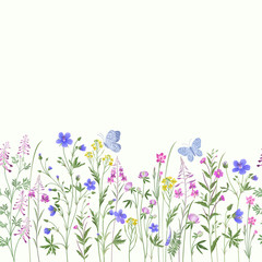 seamless floral border. meadow flowers and butterfly - 227648790